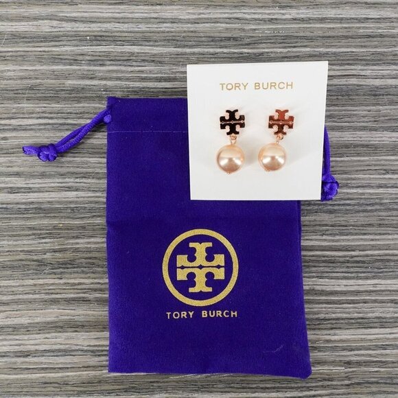 Tory Burch Faux Pearl Logo Drop Earrings Rose Gold OS - Picture 5 of 12